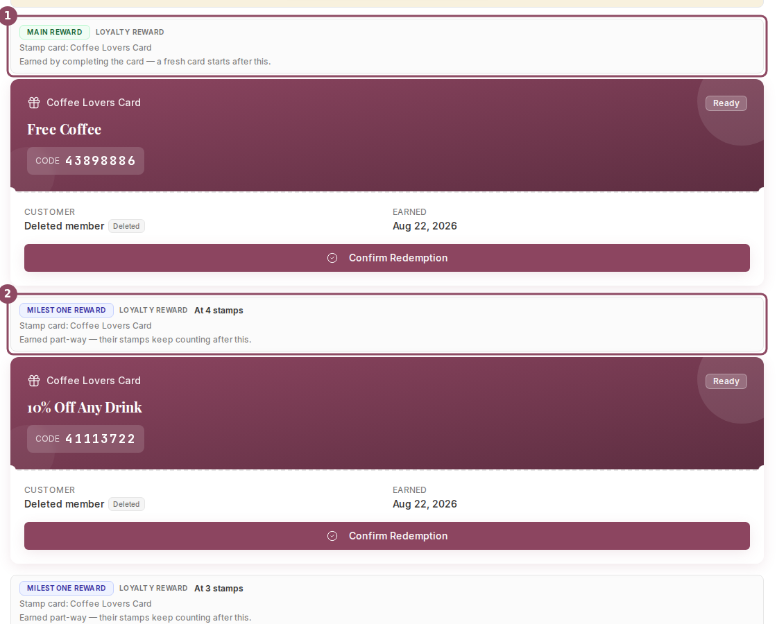 Two vouchers on the Look Up Customer tab, each with its own type strip