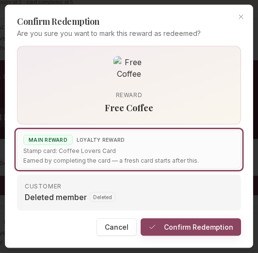 Confirm Redemption dialog showing the Main reward strip