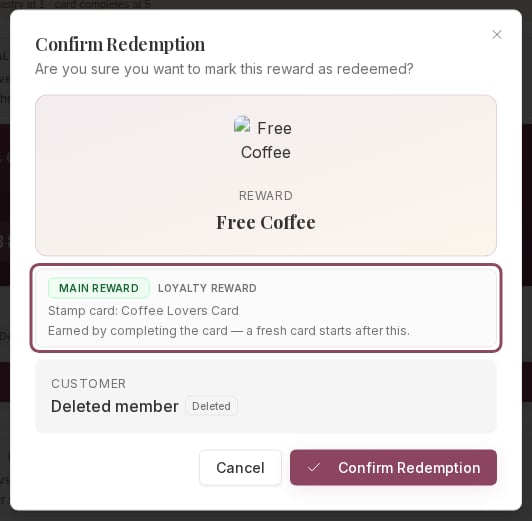 Confirm Redemption dialog showing the Main reward strip