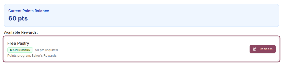 Available Rewards list showing a Main reward badge and 50 points required