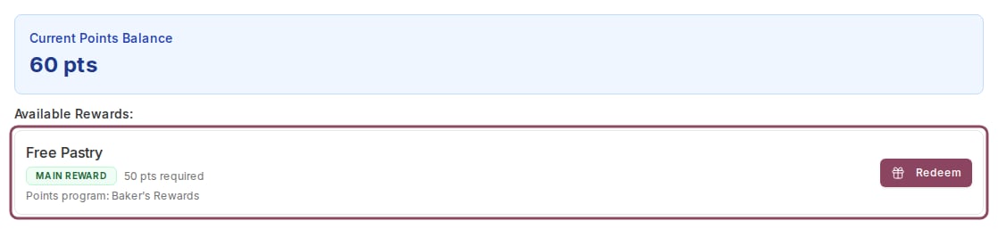 Available Rewards list showing a Main reward badge and 50 points required