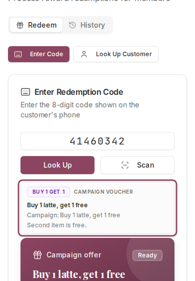 The Redemptions page at phone width showing a buy 1 get 1 strip