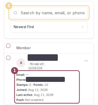 The Members list on a phone, with the folded detail list under a customer's name