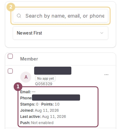 The Members list on a phone, with the folded detail list under a customer's name