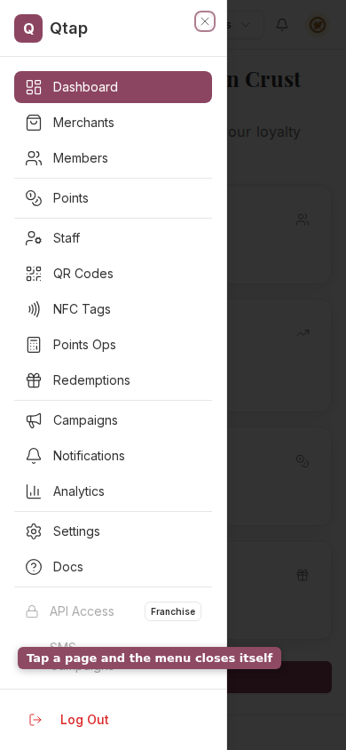 The Qtap navigation menu open on a phone
