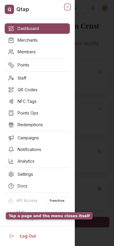 The Qtap navigation menu open on a phone