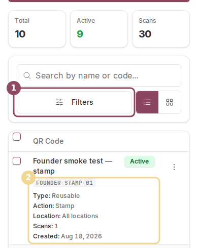 The QR Codes page on a phone showing the Filters button and a folded code row