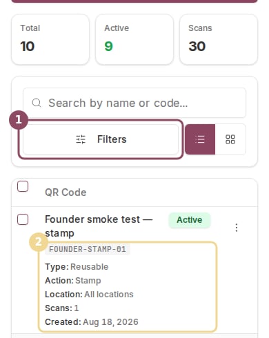 The QR Codes page on a phone showing the Filters button and a folded code row