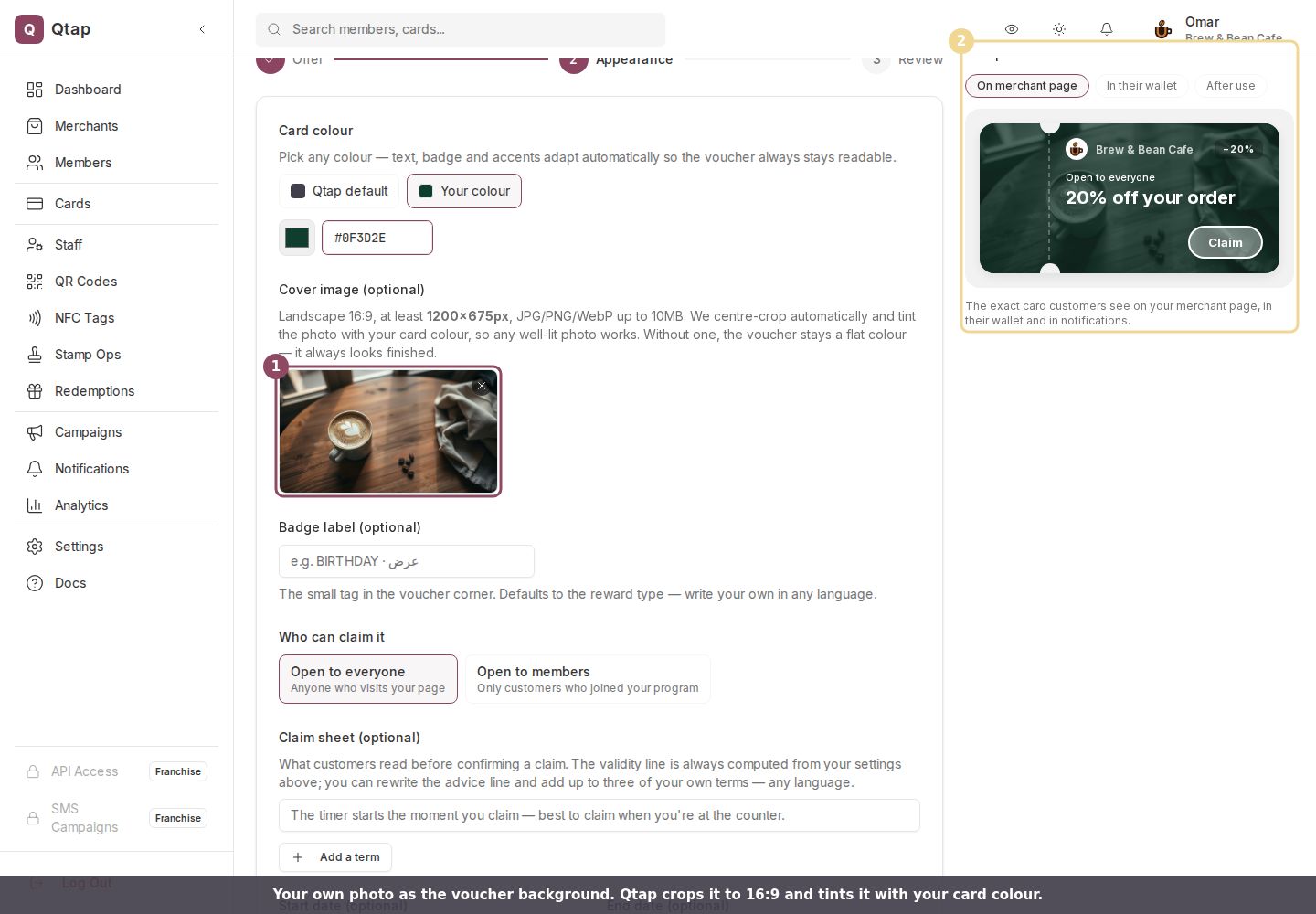 A voucher preview showing an uploaded cafe photo as the background