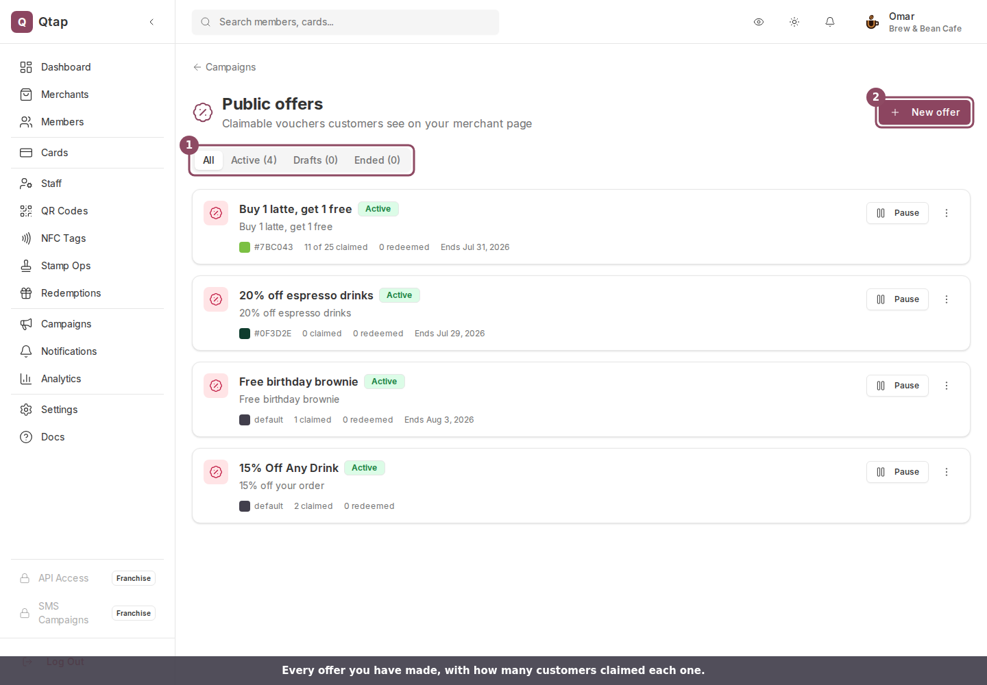 The Public offers page listing four active offers