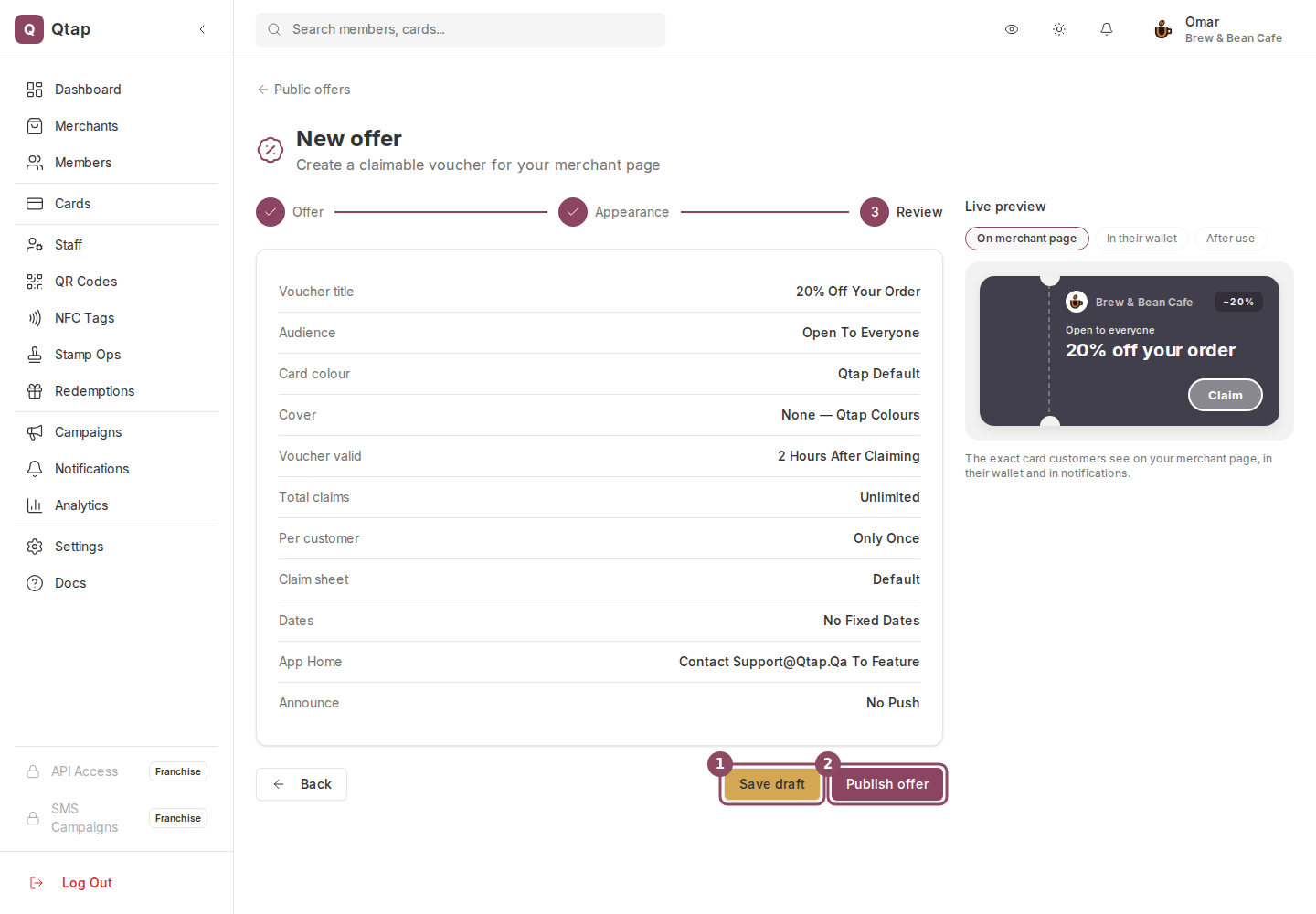 The review step listing every setting, with Save draft and Publish offer