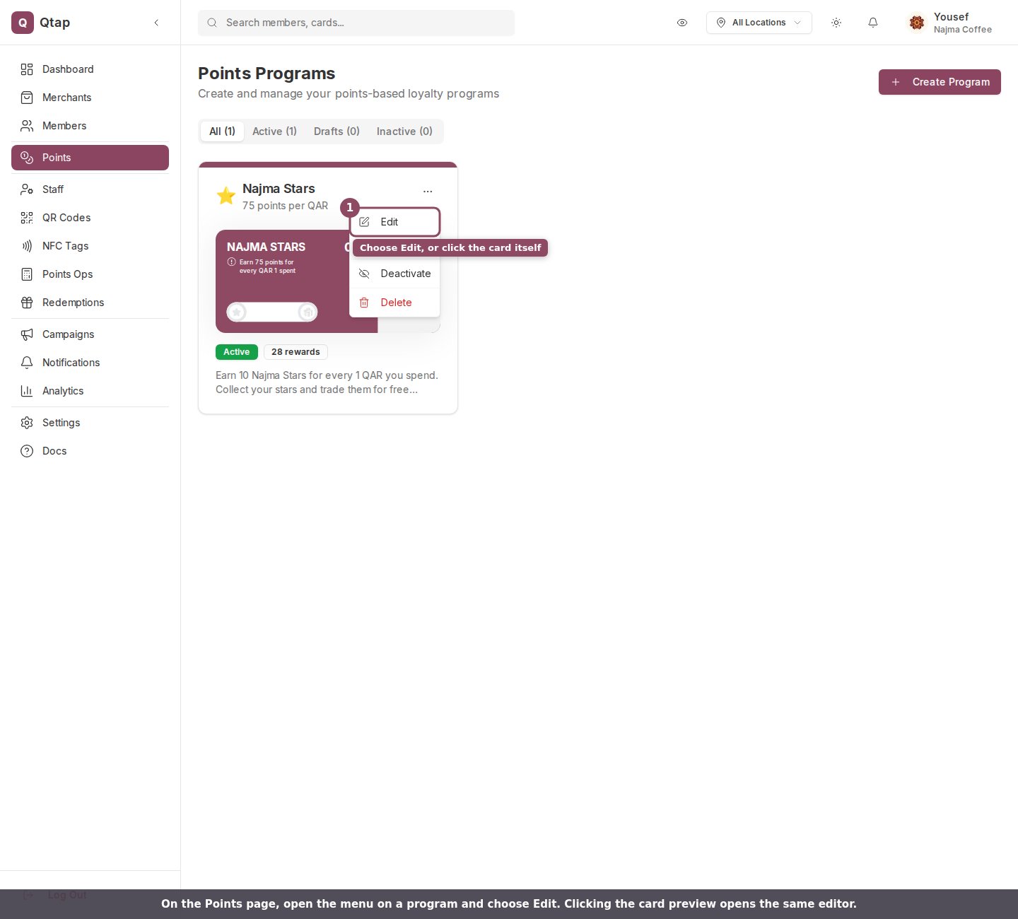 Points Programs page with a program menu open and Edit highlighted