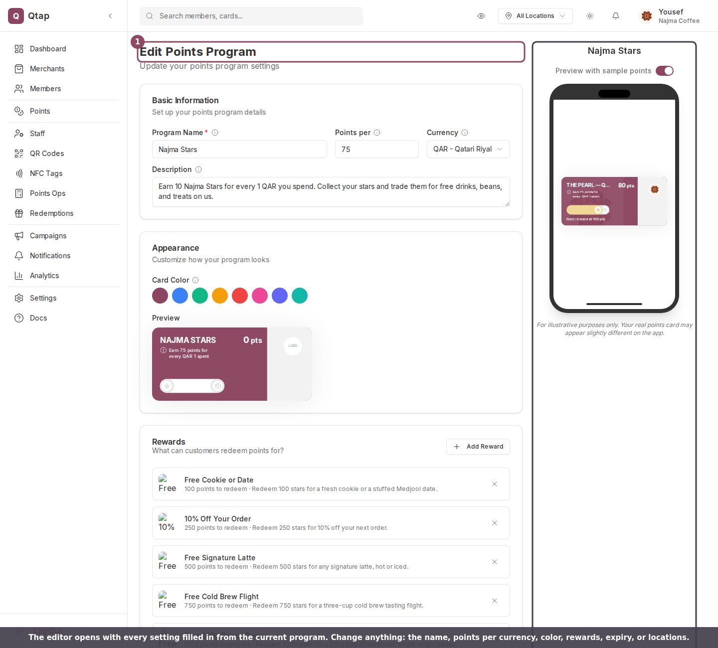 Edit Points Program page showing the form filled with current settings and a live card preview