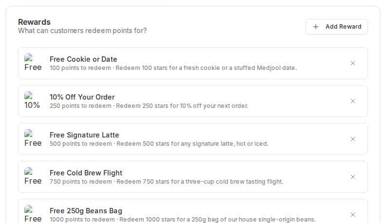 Rewards card on the edit page listing several rewards with their point costs