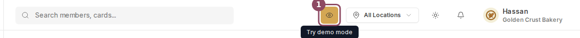 The dashboard top bar with the demo mode eye button highlighted