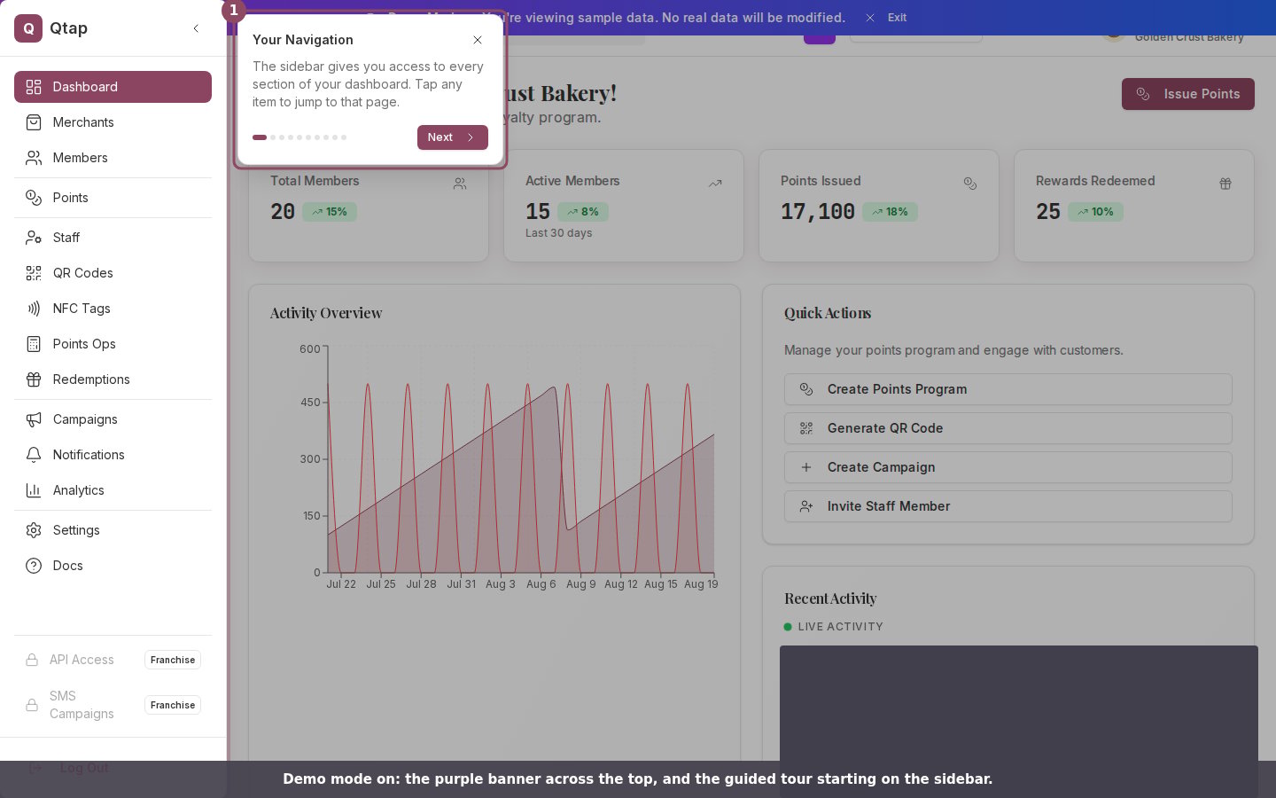 The dashboard in demo mode with the purple banner and the first tour step