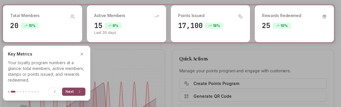Tour step titled Key Metrics highlighting the four dashboard stat cards