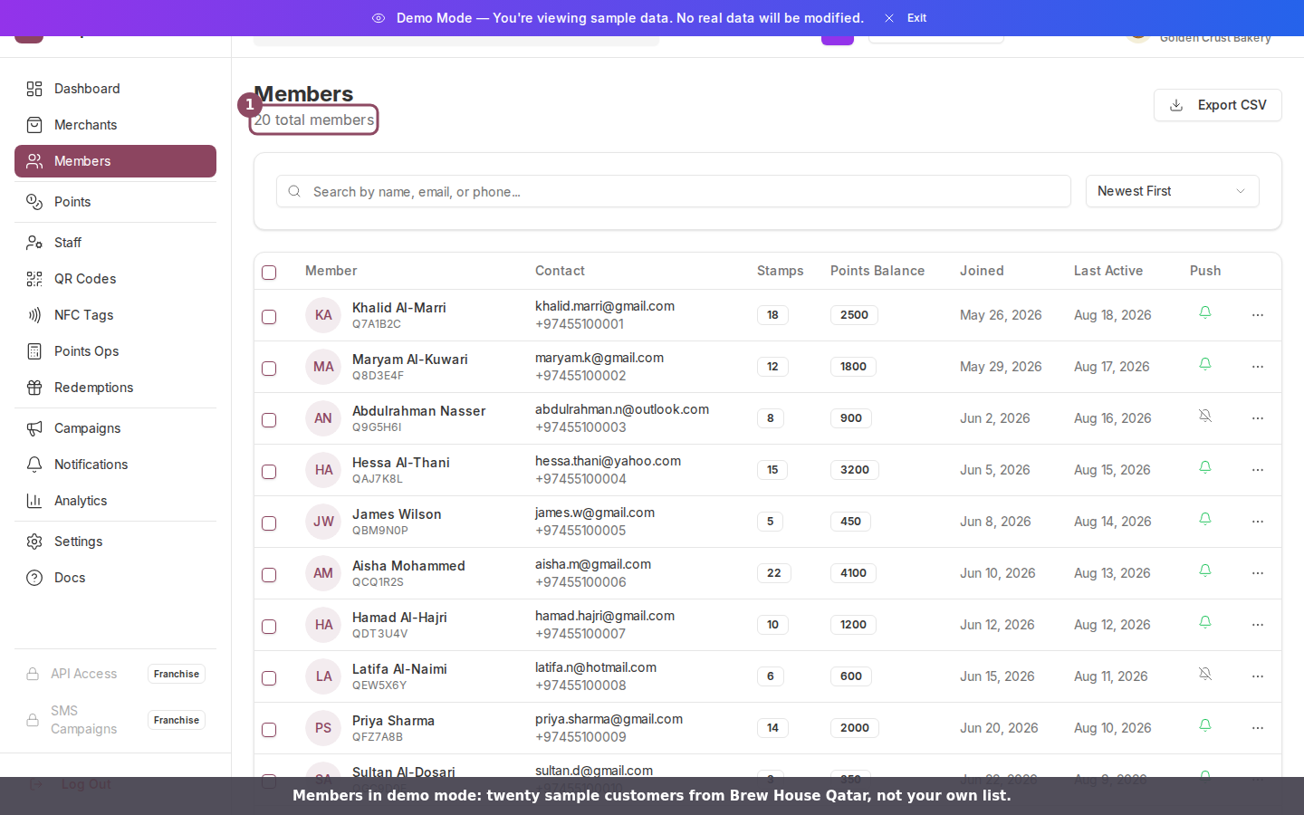 The Members page in demo mode listing twenty sample members