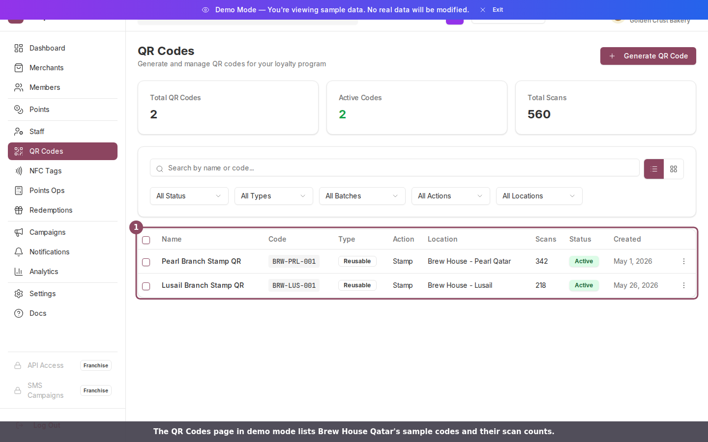 The QR Codes page in demo mode showing two sample codes with scan counts