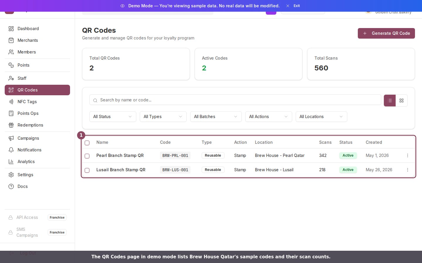 The QR Codes page in demo mode showing two sample codes with scan counts