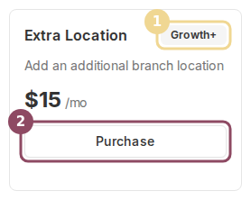The Extra Location add-on card showing the Growth+ availability badge, the price, and the Purchase button