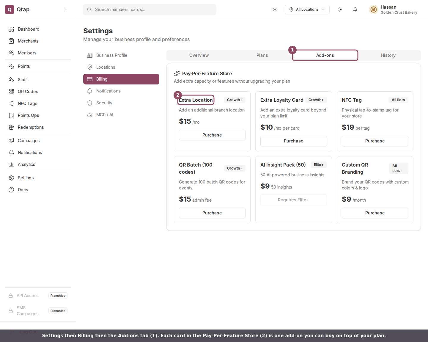 The Add-ons tab showing the Pay-Per-Feature Store with six add-on cards