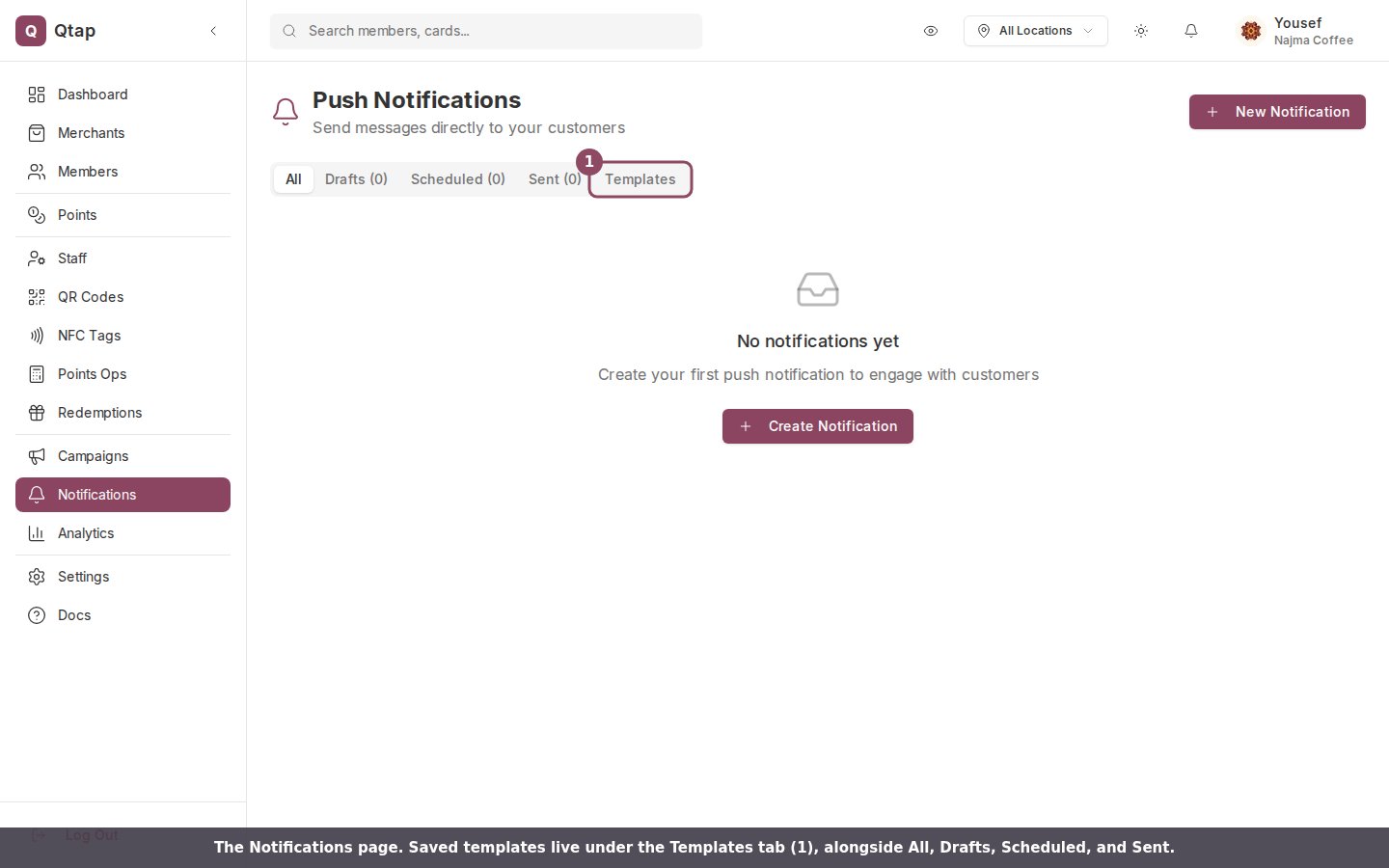 The Push Notifications page with the Templates tab marked