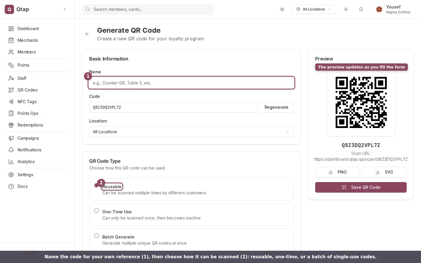 Generate QR Code form showing the Name field and the QR code type options
