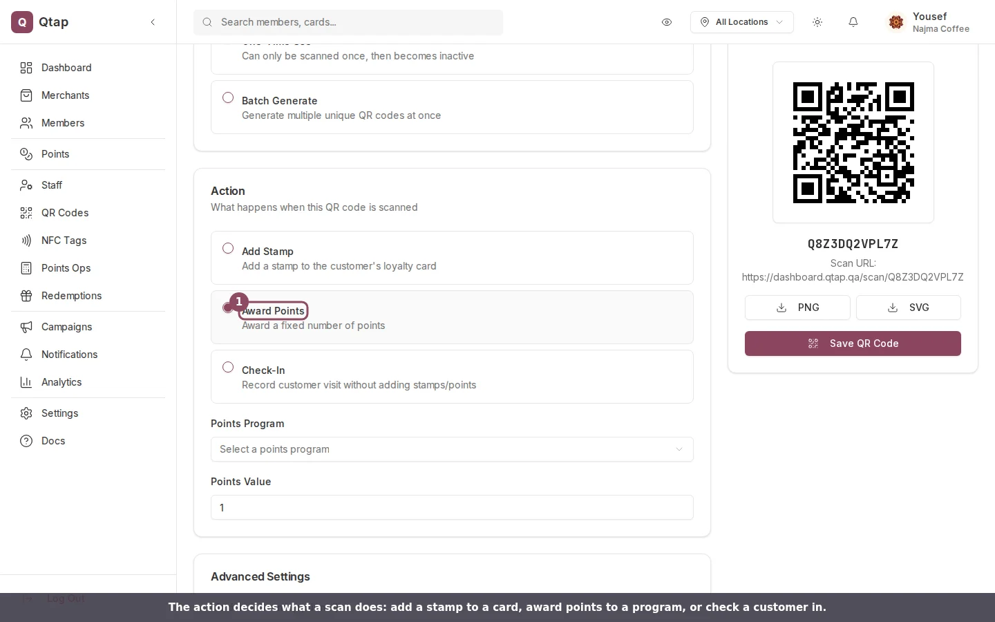 QR code action options with Award Points selected