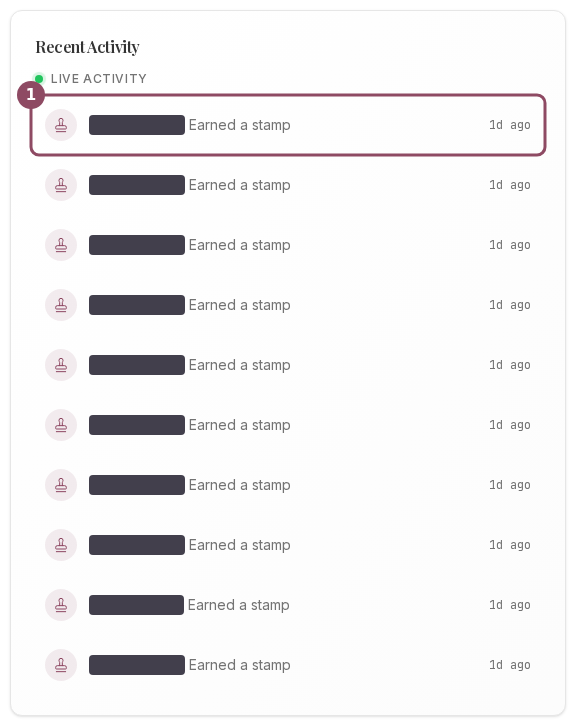 The Recent Activity card on a stamp card account showing ten Earned a stamp rows with relative times