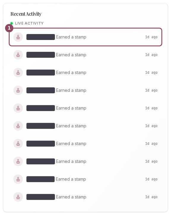 The Recent Activity card on a stamp card account showing ten Earned a stamp rows with relative times