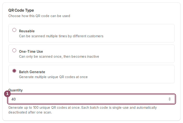 The QR Code Type card with Batch Generate selected and the Quantity field set to 40