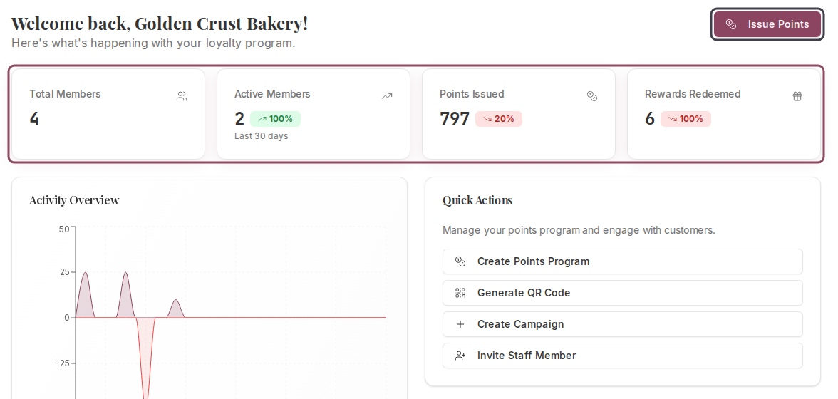 Qtap dashboard home showing four stat cards outlined, the Issue Points button in the top right, the Activity Overview chart, and the Quick Actions card