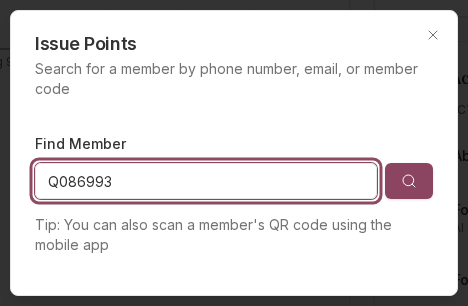 Issue Points dialog with a Find Member search box outlined, containing a member code