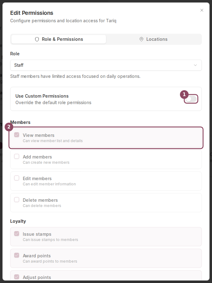 Edit Permissions dialog with the Use Custom Permissions switch off and the Members checklist greyed out