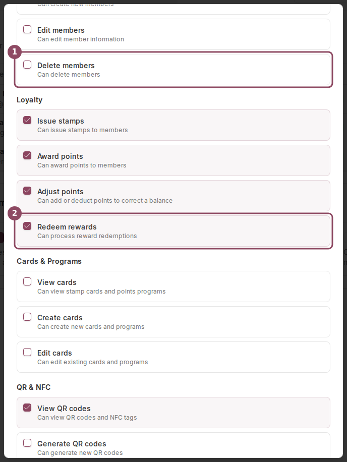 Members and Loyalty permission groups with the Delete members and Redeem rewards rows highlighted