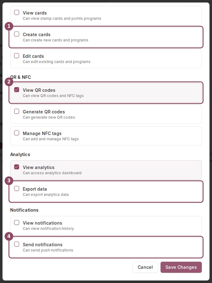 Cards and Programs, QR and NFC, Analytics, and Notifications permission groups with four rows highlighted