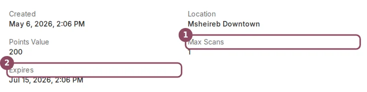 QR code detail page Details panel with Max Scans and Expires highlighted