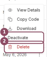 QR code row menu showing Deactivate and Delete
