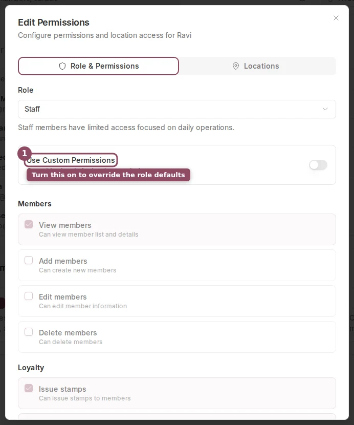 Edit Permissions dialog with the Use Custom Permissions toggle and permission categories