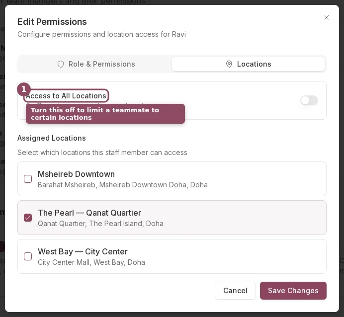 Locations tab of the Edit Permissions dialog showing the Access to All Locations toggle and location list