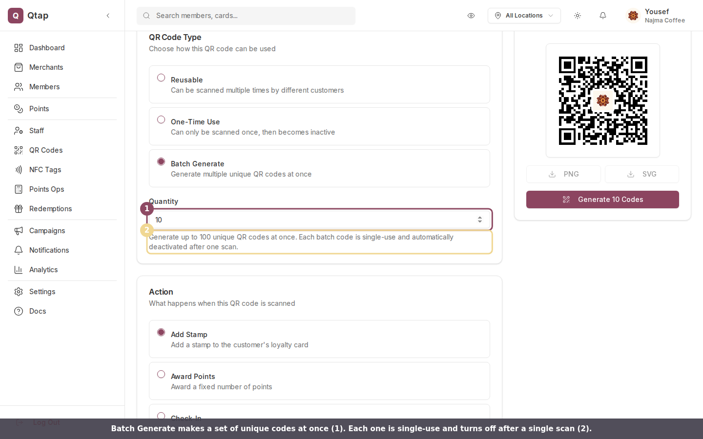 Batch Generate type selected with the Quantity field and the single-use note