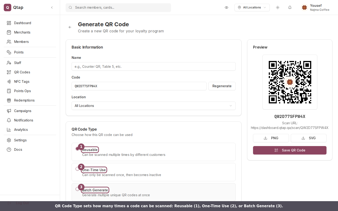 QR Code Type card showing Reusable, One-Time Use, and Batch Generate options
