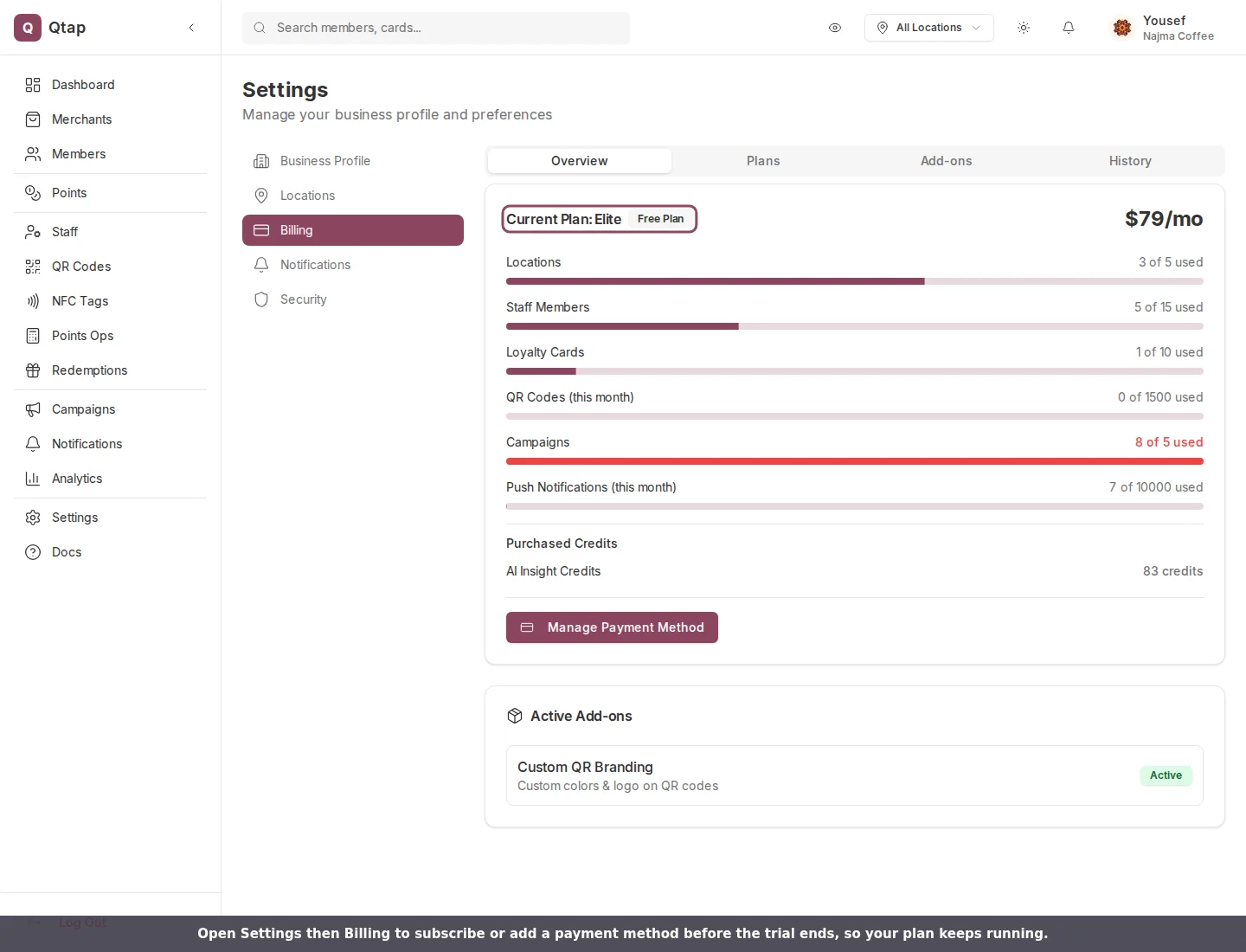 Billing page Overview tab showing the current plan and subscribe controls