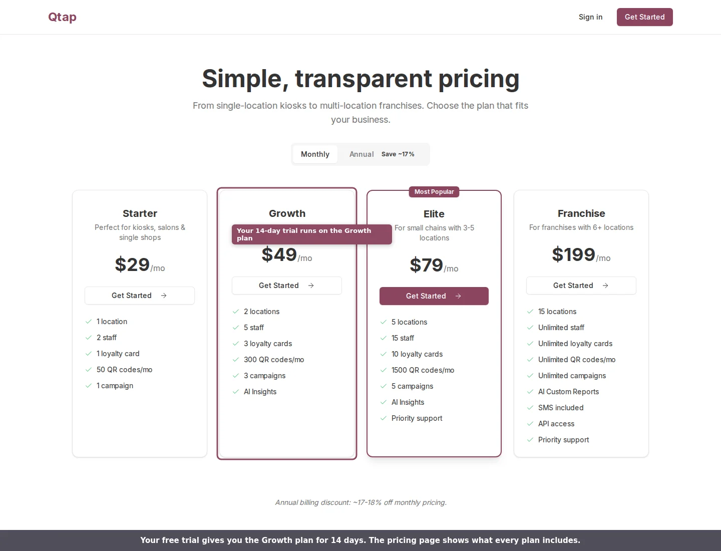 Qtap pricing page with the Growth plan card highlighted