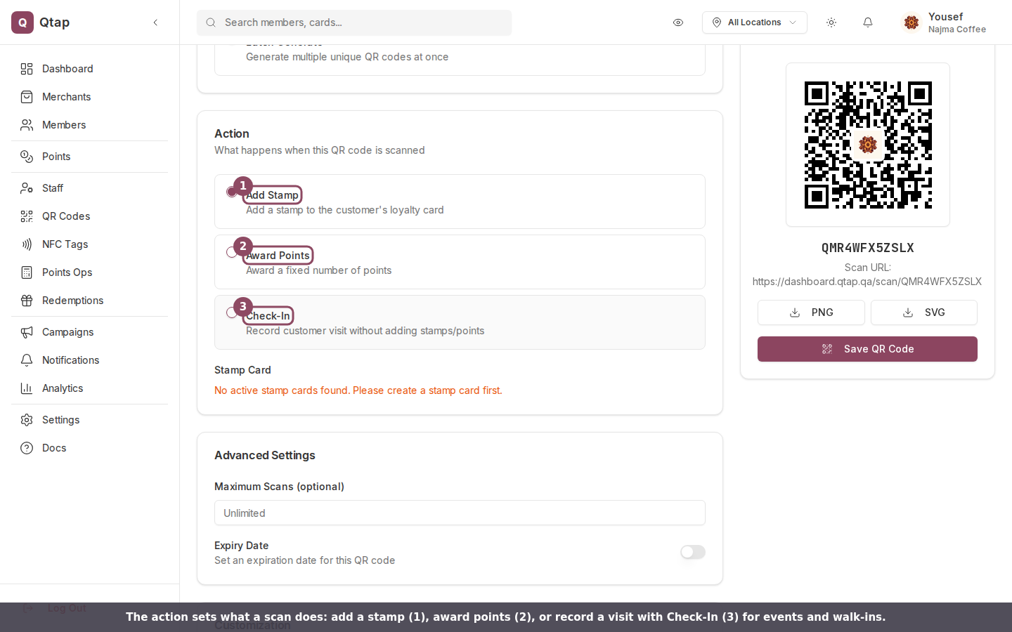 QR code action options: Add Stamp, Award Points, Check-In