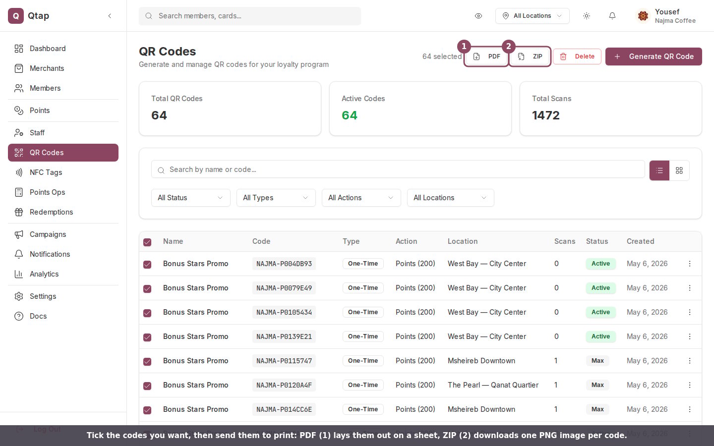 Selected QR codes with PDF and ZIP export buttons