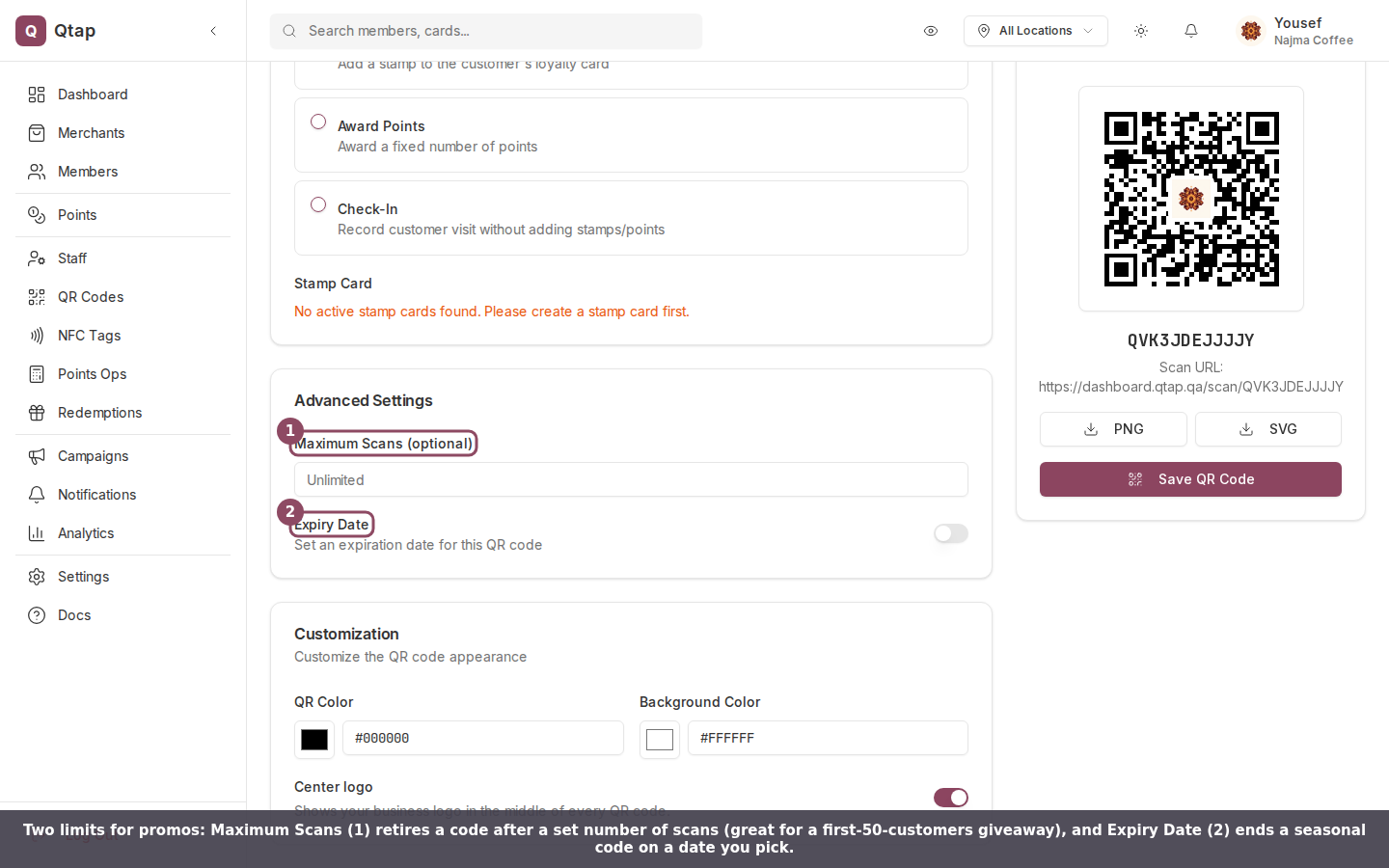 Maximum Scans and Expiry Date fields in Advanced Settings