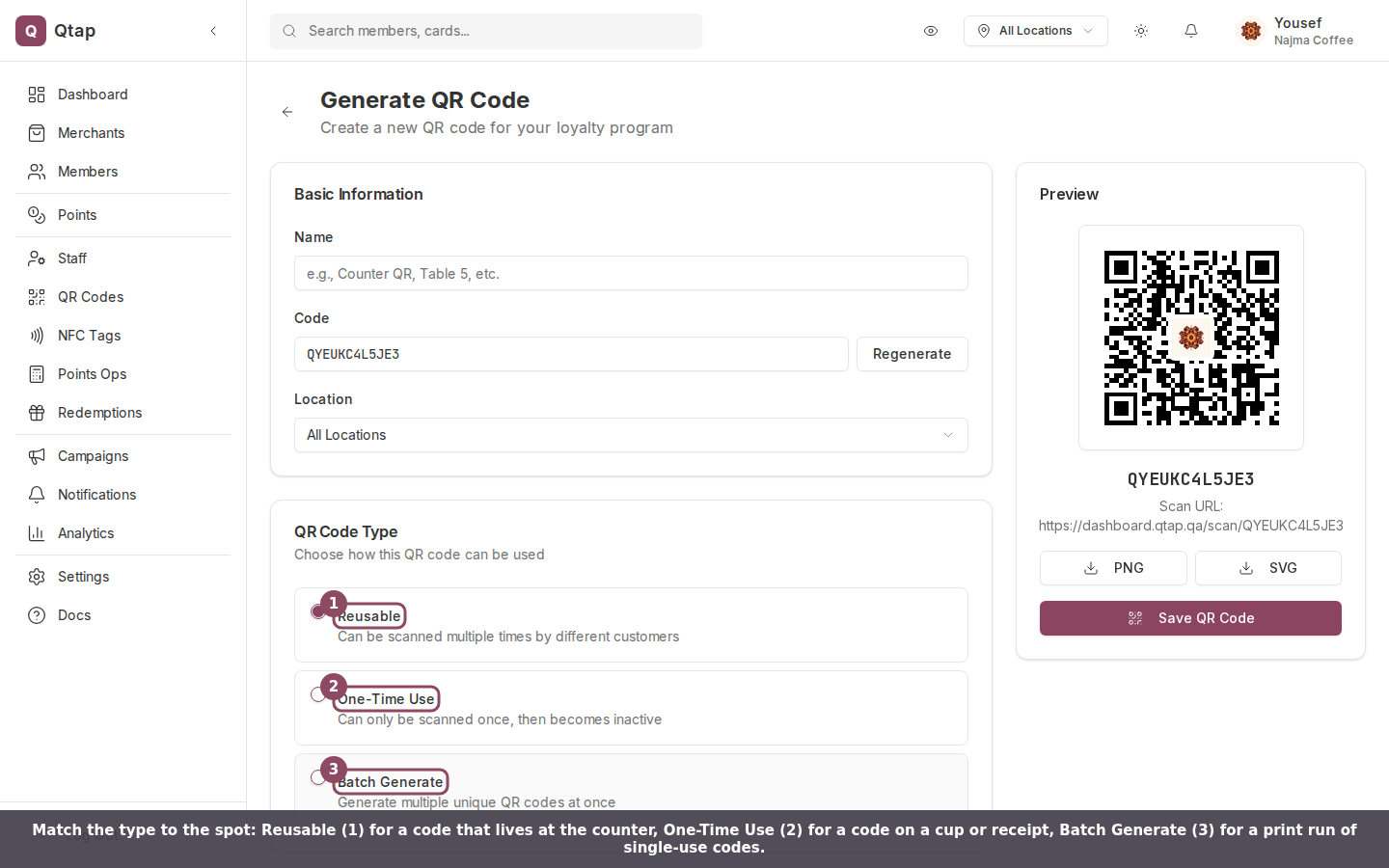 QR Code Type options on the Generate QR Code page