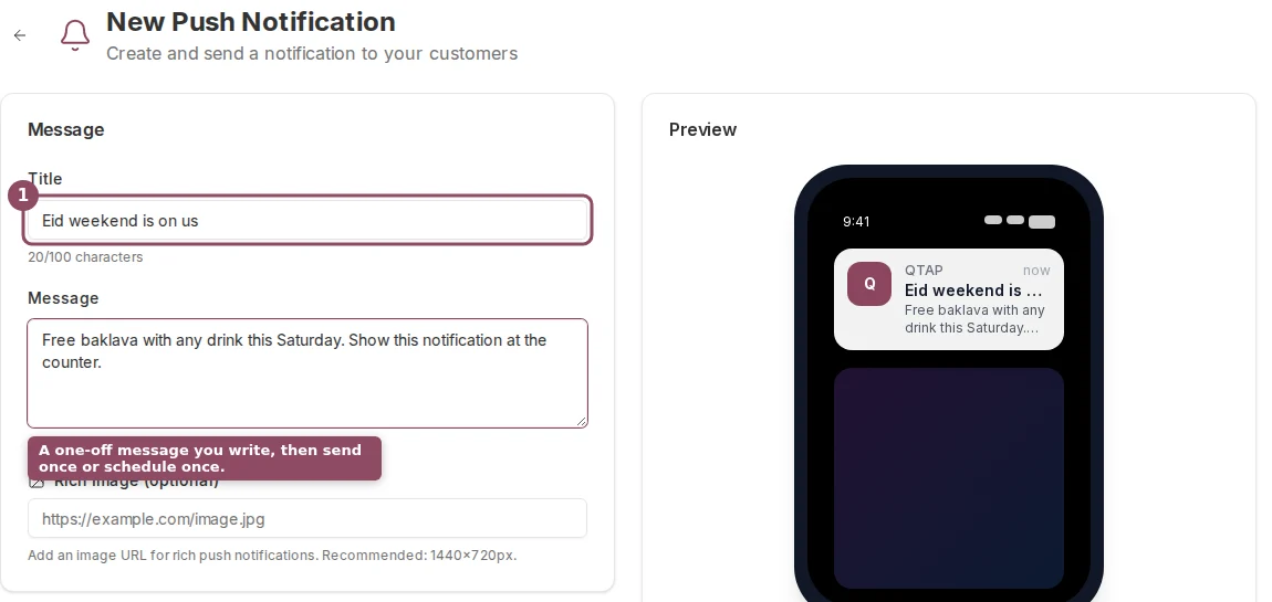 The New Push Notification page with a title and message filled in and a phone preview
